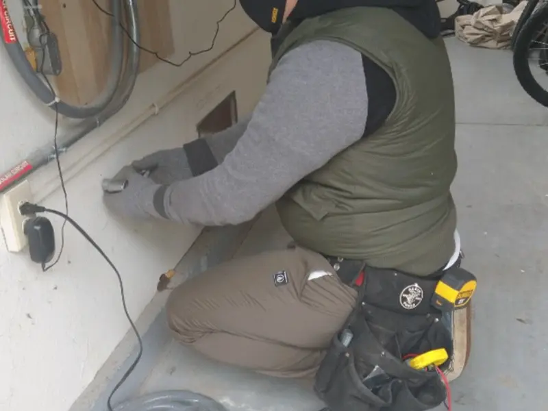 Electrician performing outlet wiring in a East Pasadena garage